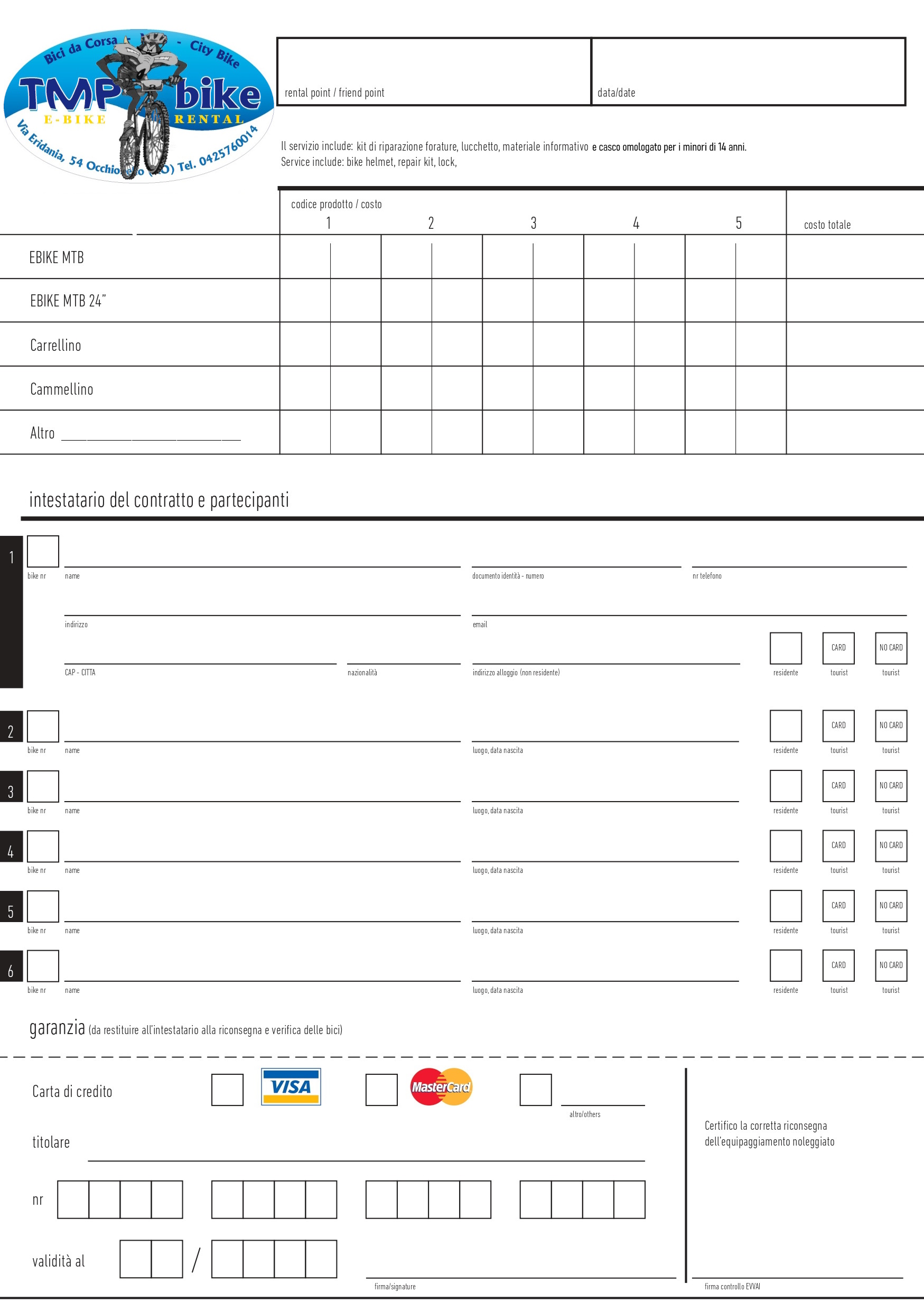 Pagina frontale del contratto da sottoscrivere prima del noleggio Pagina frontale del contratto di noleggio